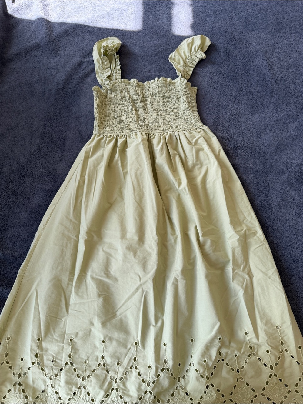 Blu Pepper Pale Yellow Smocked Midi Dress with Eyelet Hem